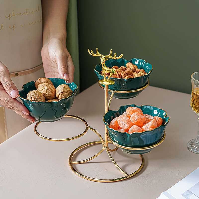 Plato de fruta de cerámica multicapa hogar sala de estar mesa de café creativo merienda plato de fruta seca de lujo ligero decoración de mesa de postre