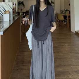 韩系穿搭慵懒风运动服套装女夏季领条纹恤短袖休闲裤两件套