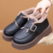 小皮鞋女2025春夏新款加绒保暖魔术贴复古毛毛乐福鞋