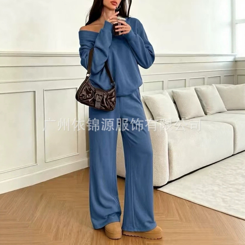 2026 Amazon Cross-Border European and American Casual Knitted Long-Sleeved V-Neck Sweatshirt Loose Wide-Leg Pants Women's Suit 2026 Amazon Cross-Border European and American Casual Knitted Long-Sleeved V-Neck Sweatshirt Loose Wide-Leg Pants Women's Suit