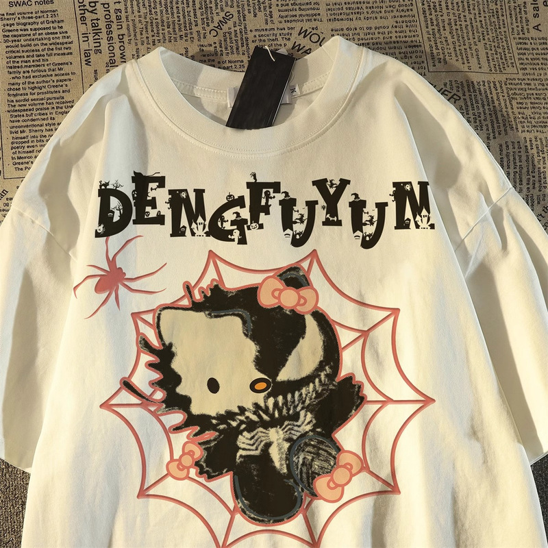 American Trendy Brand Kitty Cat Print Pure Cotton Short-Sleeved T-Shirt for Women and Men 2026 New High Street Loose Summer Plus Size Top