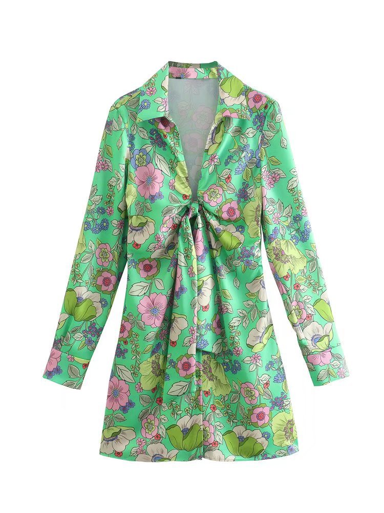 long sleeve v neck floral silk satin shirt dress NSXFL117723