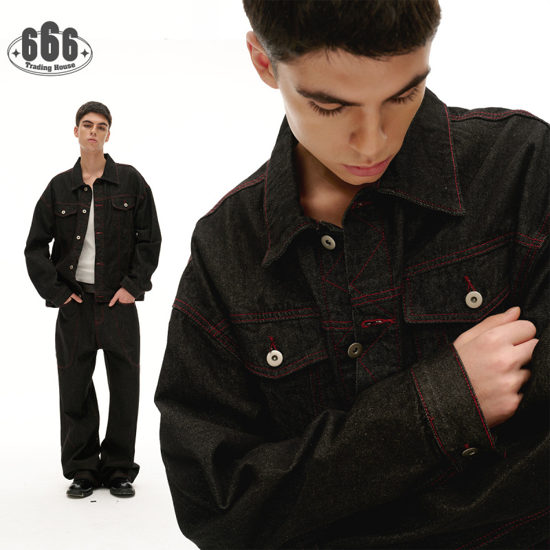 Ouswe Spring New Retro Red Stitched Loose Washed Lapel Workwear Denim Jacket Men's Jacket Rw203