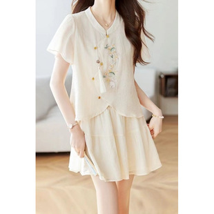 Zhumu 2025 Summer New Fashion New Chinese Style Slimming Versatile Elegant Heavy Embroidery Chiffon Blouse and Short Skirt Set