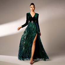 Q 6497 V Neck Long Sleeve Dress �B��ȹ �r�� �羳�W��
