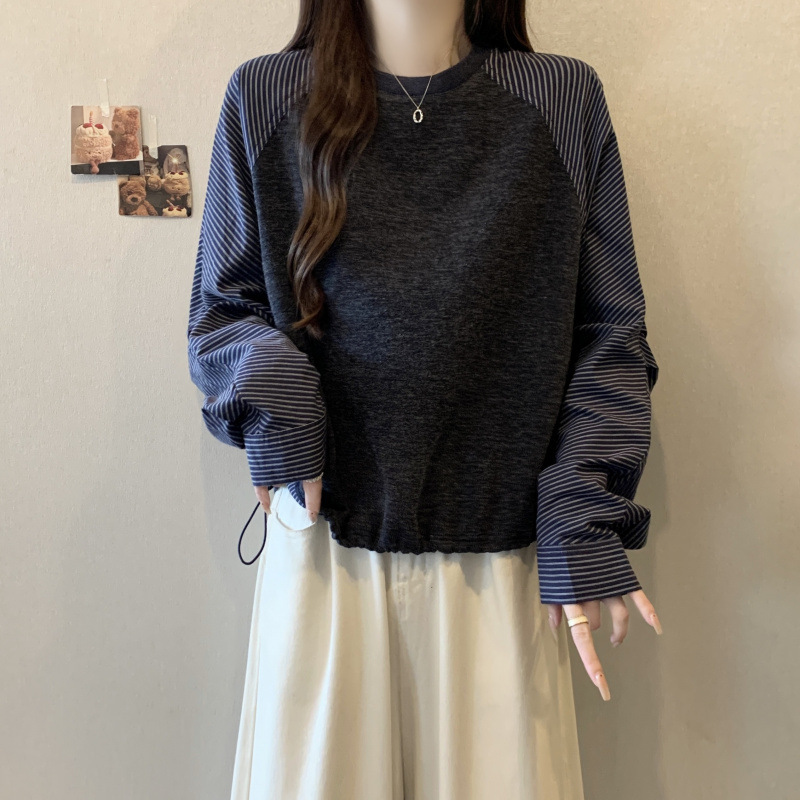 大码宽松2025秋冬新款条纹拼接长袖卫衣女宽松插肩袖长袖T恤A6839|undefined