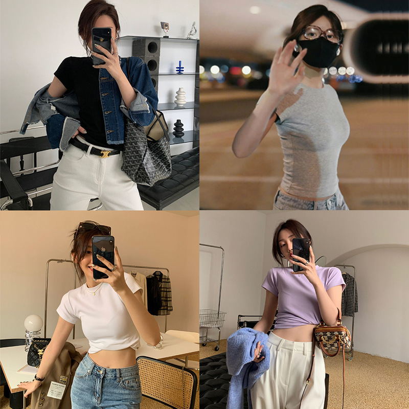 Cross-border bottoming slim-fit short-sleeved T-shirt for women Korean style new foreign trade ins slimming short fashion top for women Fashion Wholesale