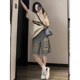 复古美式直筒破洞牛仔裤女2026夏季小个子宽松显瘦高街五分短裤子