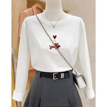 设计感正肩纯棉圆领白色长袖t恤女时尚百搭洋气上衣打底衫秋冬季