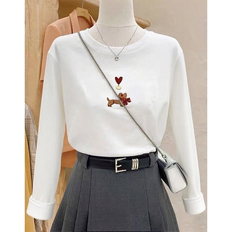Designed Right Shoulder Pure Cotton Round Neck White Long-Sleeved T-Shirt Women's Fashionable Versatile Top Bottoming Shirt Autumn and Winter Designed Right Shoulder Pure Cotton Round Neck White Long-Sleeved T-Shirt Women's Fashionable Versatile Top Bottoming Shirt Autumn and Winter