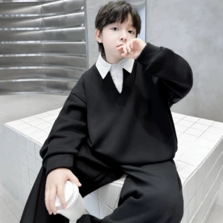 中大男童春秋款套装2026新款秋装运动卫衣帅气潮童衬衫领透气假两