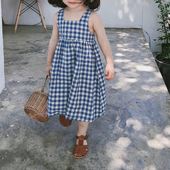 韓版格子連衣裙夏季新款棉麻中小童可愛蝴蝶結綁帶吊帶裙一件代發