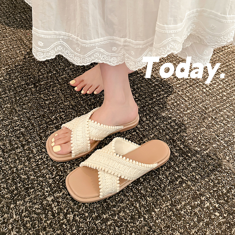 Dos versiones de sandalias planas de Grape Mom ~ Sandalias y pantuflas de punta abierta tejidas cruzadas estilo vacaciones verano femenino