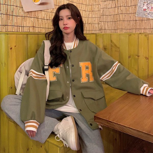 春秋美式棒球服宽松大码爆款小众字母上衣慵懒风毛呢外套女ins潮|undefined