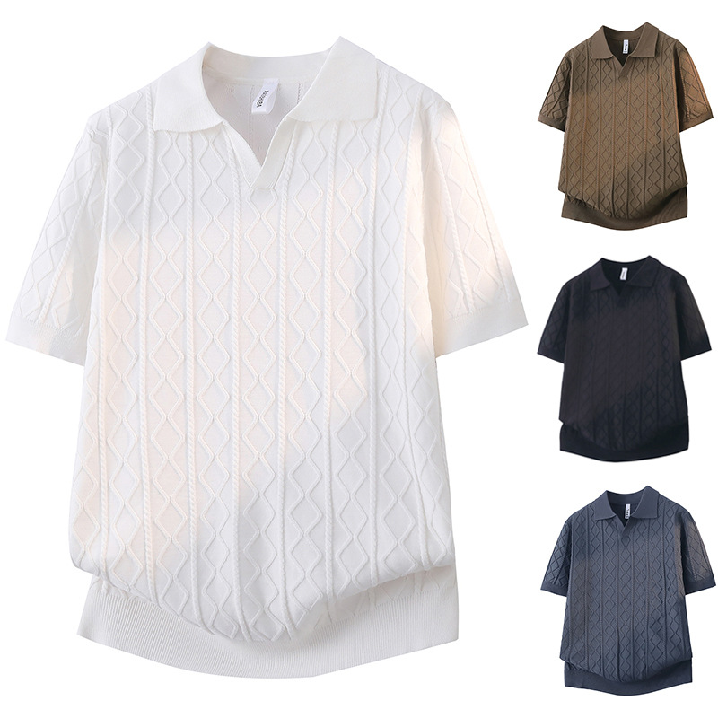 Polo camiseta de punto camiseta de manga corta hombre cuello en V gaviota cuello textural vieja camiseta de hielo de viento de verano fábrica transfronteriza al por mayor