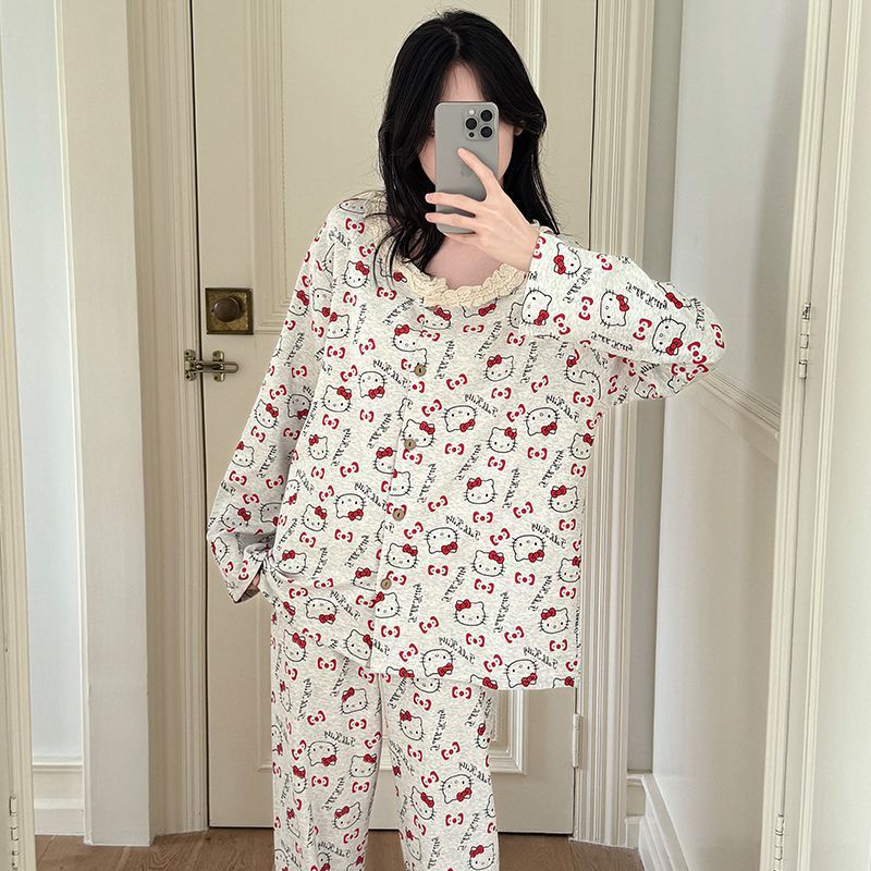 跨境外贸批发新款春秋季甜美卡通长袖睡衣女开衫圆领套装家居服|undefined
