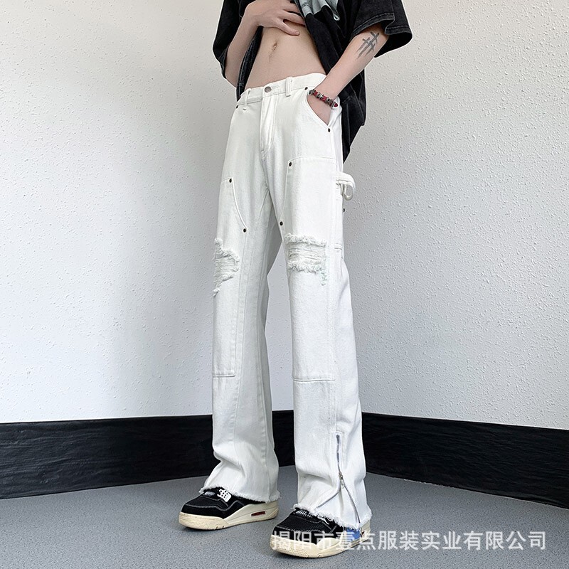 White Ripped American-style Tooling Jeans Men's High Street Vibe Style Logging Pants with Micro Rapped Edge Zipper Straight Pants