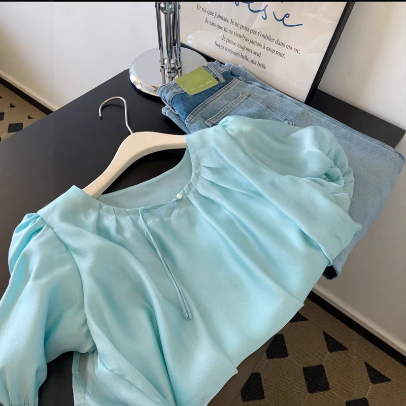 薄荷曼波绿泡泡袖短袖衬衫女夏季新款设计感小众宽松显瘦温柔上衣|undefined