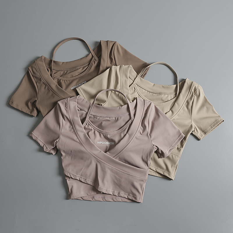 Con almohadilla para el pecho, deportes de manga corta, mujer sexy, ombligo, top falso de dos piezas, entrenamiento para correr, ropa de yoga, camiseta al por mayor