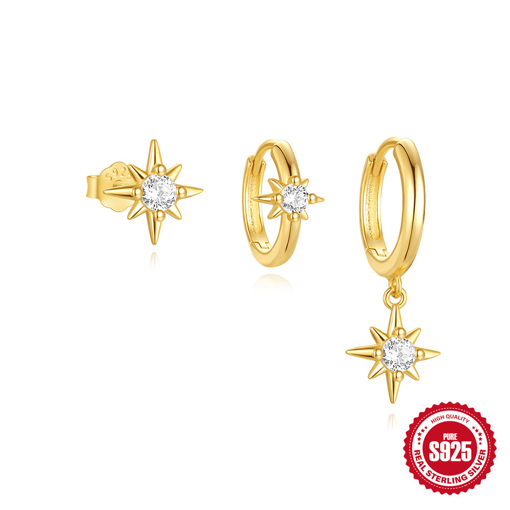 Europeo y americano transfronterizo s925 plata de ley estilo ins simple orejeras clásicas estrella de cinco puntas corona relámpago juego de diamantes