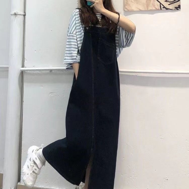 盐系不规则开叉牛仔背带裙女春秋新款复古宽松显瘦长款吊带连衣裙|undefined