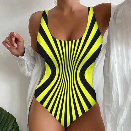 Women's swimsuit 2025 European and American style sexy spaghetti strap striped bikini beach hot spring one-piece swimsuit