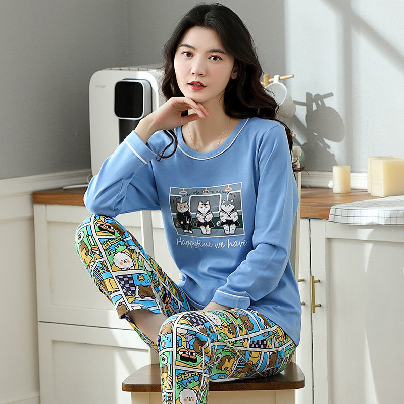 Pijamas de algodón para mujer primavera y otoño Rebeca de algodón suelta Otoño e Invierno solapa pequeña traje de desgaste casual para el hogar