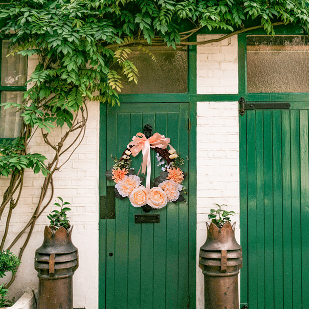 Al por mayor transfronterizo de flores de peonía coronas de flores de hojas verdes de color rosa colgando la puerta colgando la decoración de la casa de vacaciones coronas de flores accesorios colgando la pared