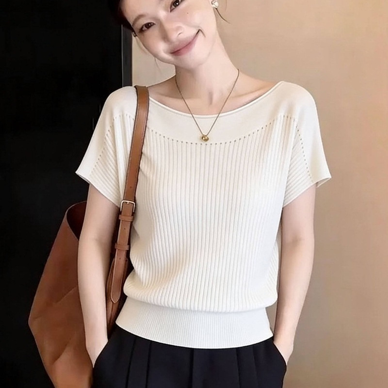 【Boss Zhou】Minimalism Summer New Retro Textured Slimming Knitted Top T-Shirt 【Boss Zhou】Minimalism Summer New Retro Textured Slimming Knitted Top T-Shirt