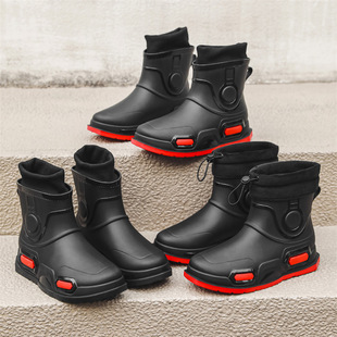 Rain Boots men's new non-slip waterproof fashion short water shoes fleece-lined warm rubber shoes drawstring rain boots drawstring water boots