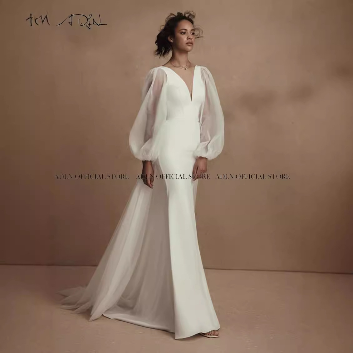 Una palabra de hombro satén ligero vestido de boda nuevo estilo de novia francesa Hepburn de alta cola bienvenida vestido de hilo image 4