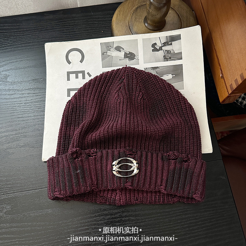 个性做旧脏脏破洞针织帽秋冬翻边套头帽保暖洋气字母标百搭毛线帽|undefined