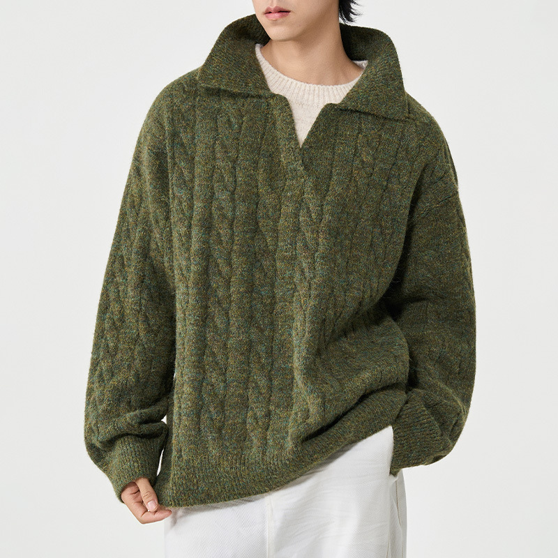 2025 Retro Lazy Hemp Texture Fake Two-Piece Lapel Pullover Knitwear Men's Loose Splicing Knitwear Jacket Trendy 2025 Retro Lazy Hemp Texture Fake Two-Piece Lapel Pullover Knitwear Men's Loose Splicing Knitwear Jacket Trendy