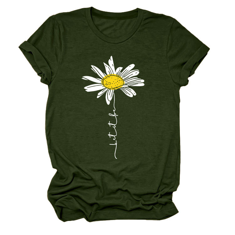LET IT BE DAISY carta casual manga corta Amazon europeo y americano de las mujeres Top cuello redondo Camiseta suelta