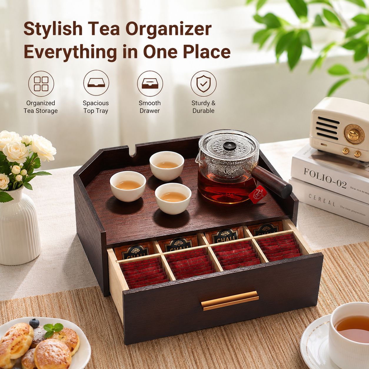 Multifunctional Solid Wood Tea Bag Storage Box Desktop Drawer-Type Tea Organizer Box Household Tea Set Storage Rack Tea Station