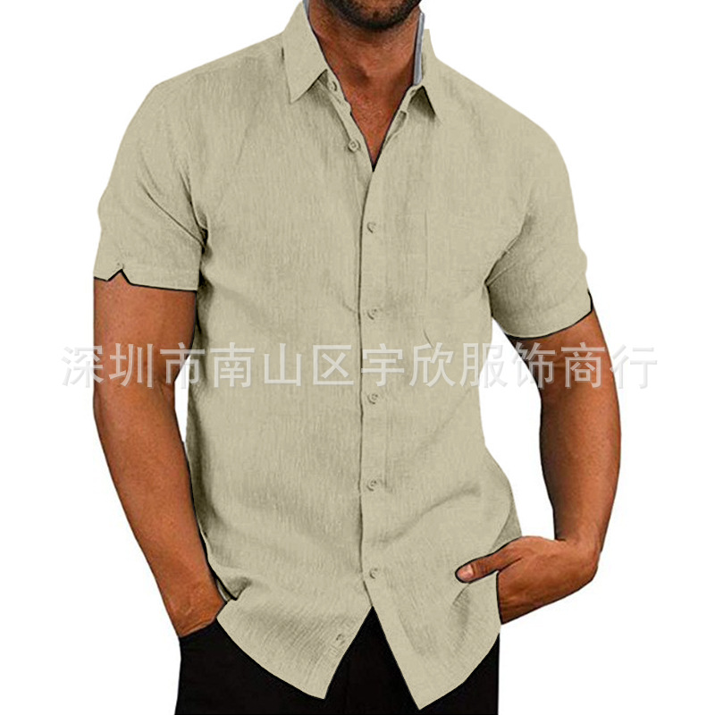 Camisa de lino para hombre, manga corta, con botones, de color liso, con solapa, éxito de ventas en Amazon y eBay en 2025.