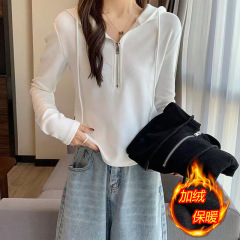 连帽卫衣女长袖t恤2025秋冬季新款大码胖mm设计感小众半拉链上衣