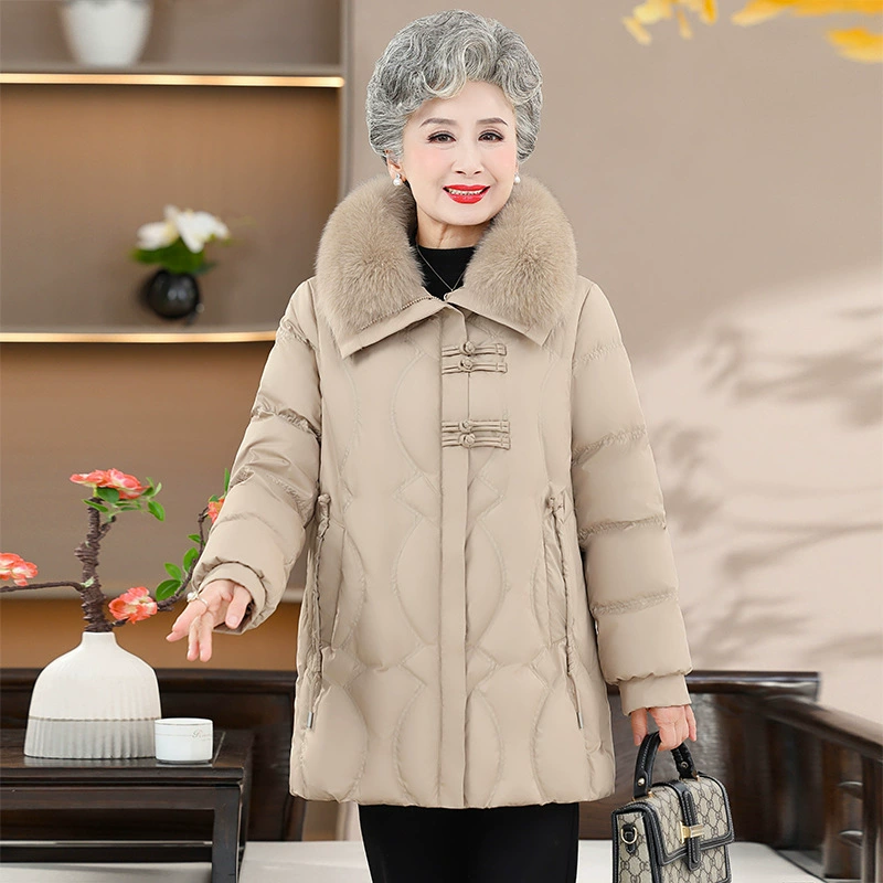 Мама зимний пуховик женский 2024 новый пожилой женский бабушки свободный средний длинный большой шерстяной воротник толстый пиджак