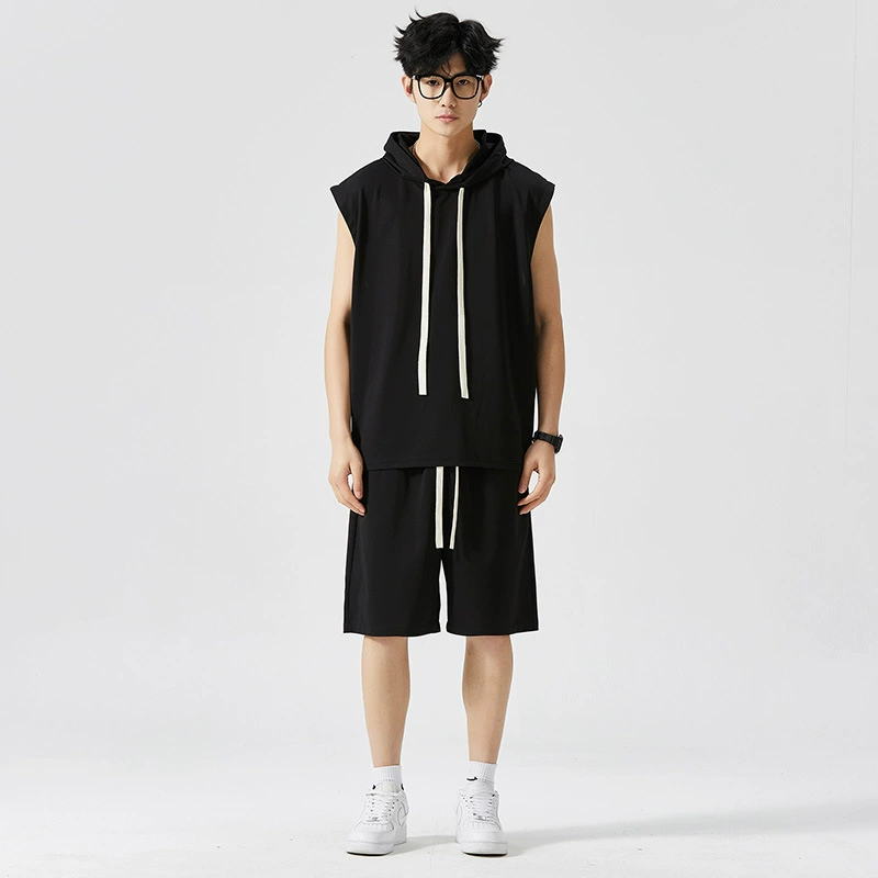 Новый летний жилет с капюшоном для мужчин, спортивный и для отдыха, модный бренд в гонконгском стиле, универсальный модный свободный костюм без рукавов для мужчин