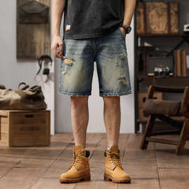 高端新款破洞牛仔短裤男夏季哈伦裤复古裤子宽松潮牌大码五分中裤