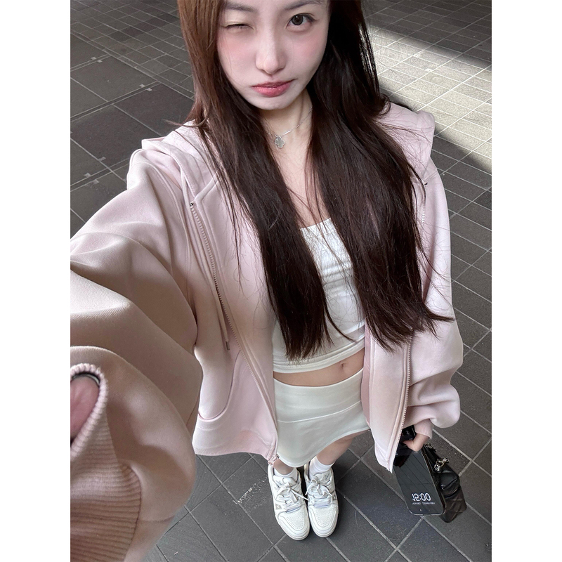 Shandong Jimo Early Autumn Pink Sweatshirt Jacket Women's Autumn and Winter Small Hooded Korean Style Early Autumn Wear 2025