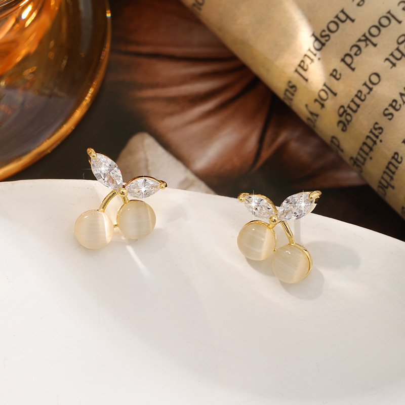 Cat's Eye Stone, Copper Material 1 Pair Sweet Cherry Cat's Eye Stone Copper Zircon Ear Studs