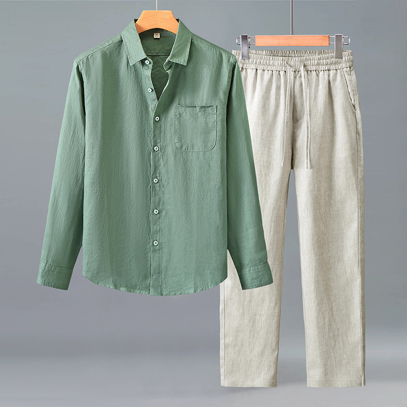 9701-3047 Cross-Border Linen Long-Sleeve Shirt for Men, Middle-Aged Casual Pocket Shirt, Loose Cardigan, Long Pants Set