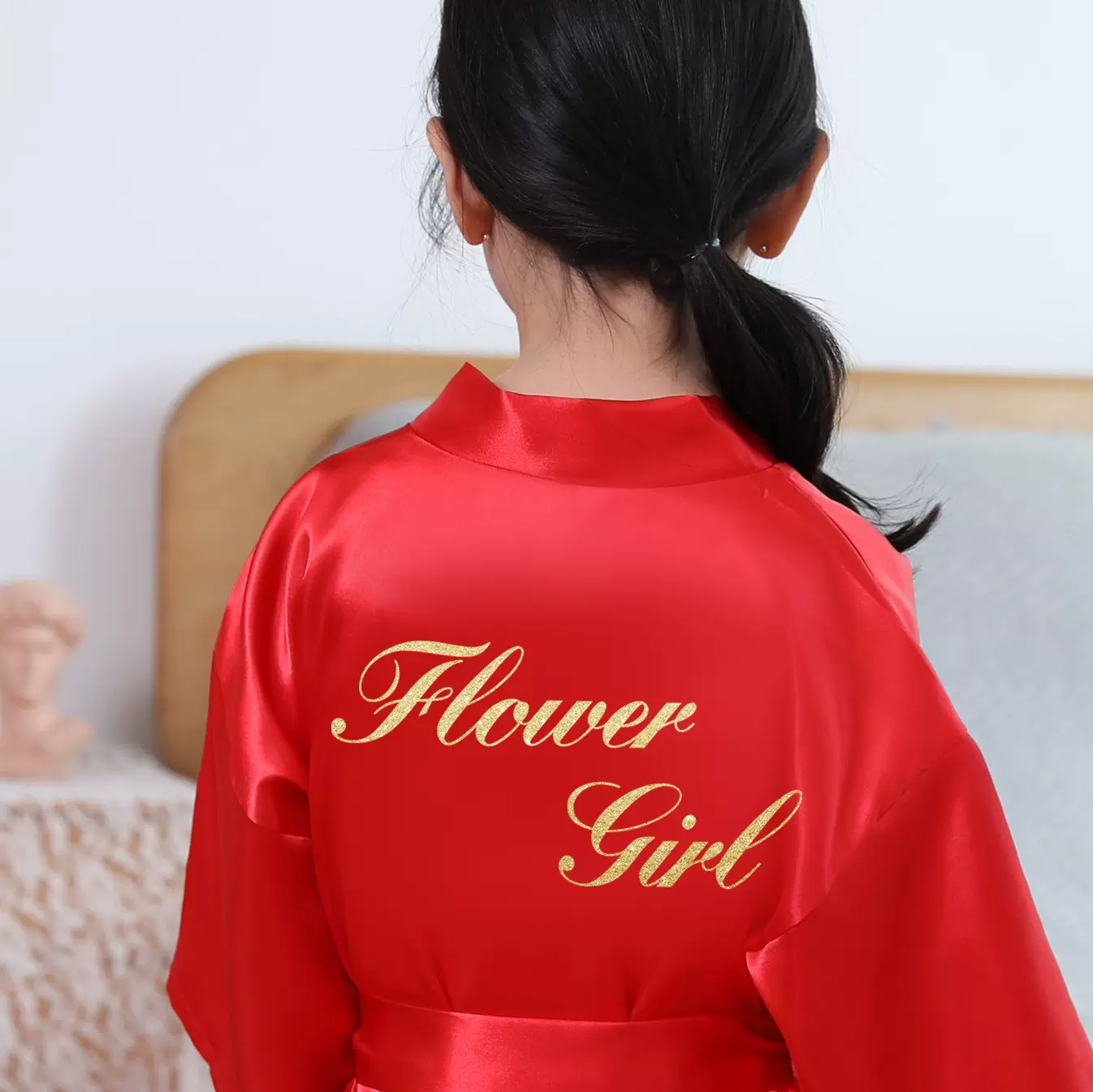儿童纯色晨袍烫金flowergirl仿真丝睡袍裙外贸色丁浴袍和服亚马逊