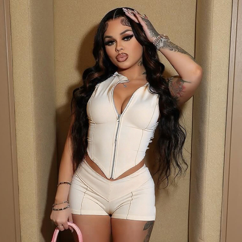 Cross-border spring and summer new European and American women's solid color lapel zipper slim-fit umbilical top high waist tight shorts suit