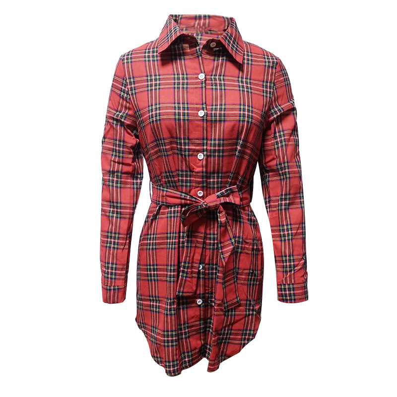 Women Clothing Ladies Collared Long Sleeve Shirt Women Mid-Length Plaid Shirt Shirt Dress