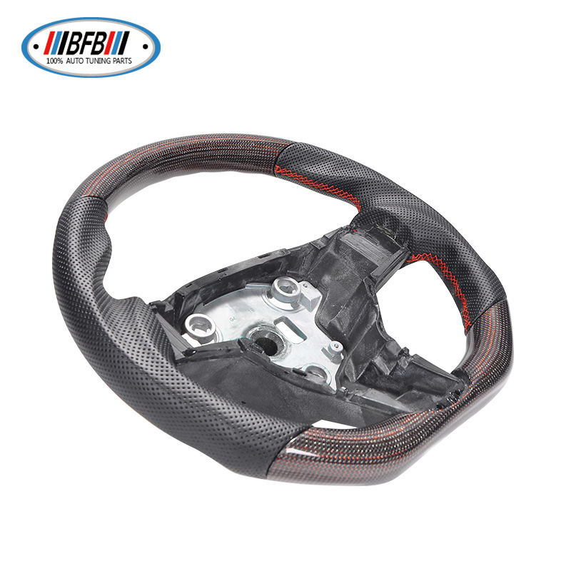 100% Real Carbon Fiber Red Glossy Black Perforated Steering Wheel Cover - For Tesla Model 3 Y - Red Leather Stitching Modification