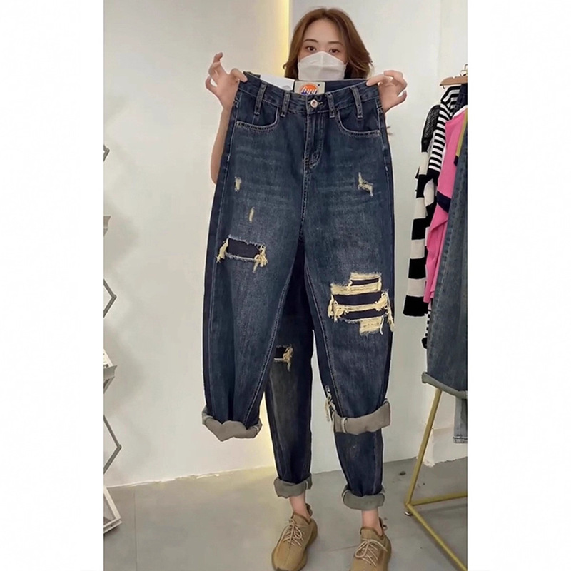 Plus Size Retro Ripped Straight-Leg Jeans for Women, Autumn and Summer, Loose and Slimming, High-Waisted Harem Dad Wide-Leg Pants Plus Size Retro Ripped Straight-Leg Jeans for Women, Autumn and Summer, Loose and Slimming, High-Waisted Harem Dad Wide-Leg Pants