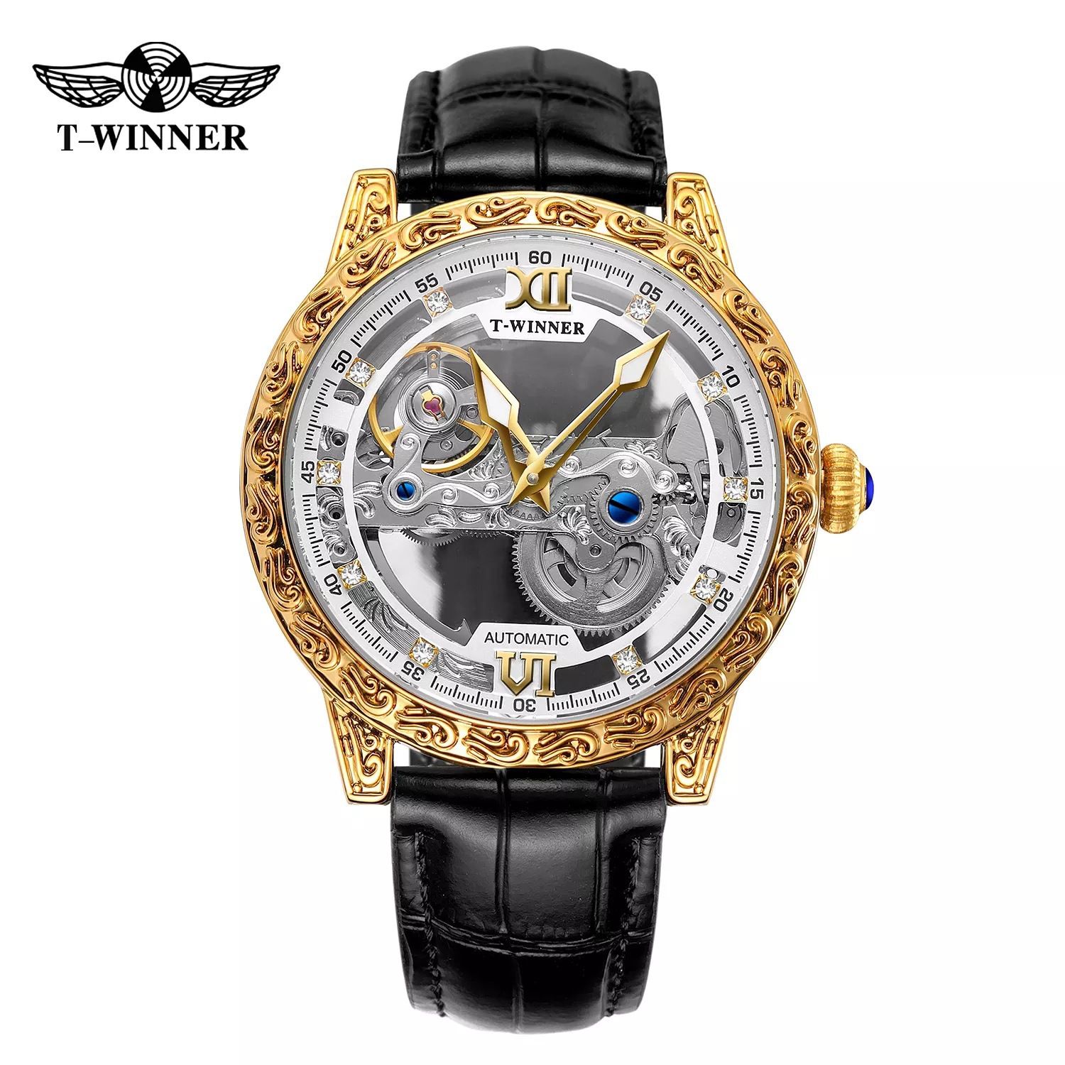 Ganador de estilo europeo de los hombres de moda retro tallado de ocio hueco movimiento mecánico reloj mecánico automático