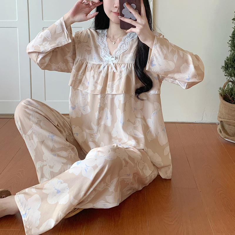Cotton Silk Pajamas for Women, Spring and Autumn, Lace-Trimmed, Printed Long-Sleeve and Long-Pants Two-Piece Set, Anti-Bump Print, Air-Conditioning Clothing, Can Be Worn Outside Cotton Silk Pajamas for Women, Spring and Autumn, Lace-Trimmed, Printed Long-Sleeve and Long-Pants Two-Piece Set, Anti-Bump Print, Air-Conditioning Clothing, Can Be Worn Outside